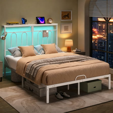 Pinmoco Full Size Bed Frame with 49.2" High LED Storage Headboard Shelf, Metal Platform Bed with Charging Station, White