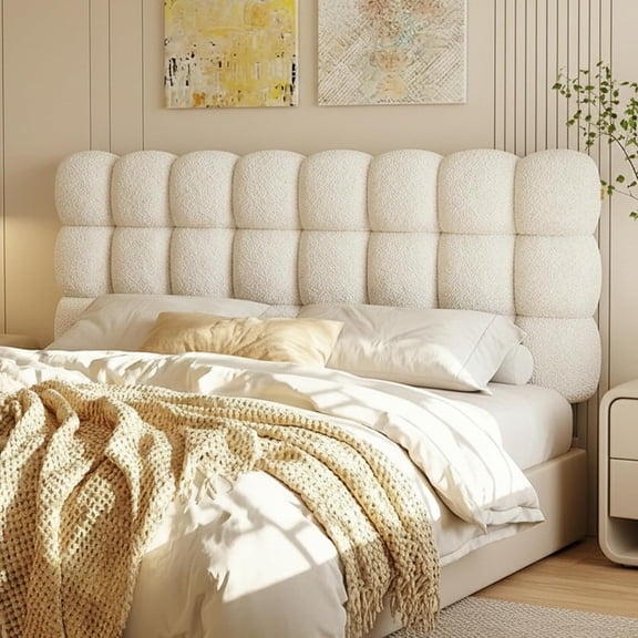 Pinmoco Full Cloud-Shaped Upholstered Headboard, Teddy Fleece Beige | Cloud bubble tufted design, 8-14" adjustable height, soft teddy fleece, ergonomic support, tool-free 5-min setup, no drill