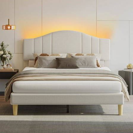 Pinmoco Full Upholstered Bed Frame with Adjustable Arc-shaped Headboard, LED Platform Bed, Fabric Beige