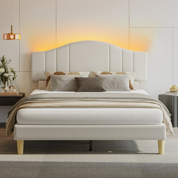Pinmoco Full Upholstered Bed Frame with Adjustable Arc-shaped Headboard, LED Platform Bed, Fabric Beige