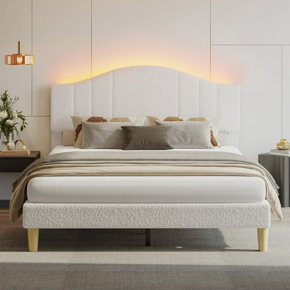 Pinmoco Full Upholstered Bed Frame with Adjustable Arc-shaped Headboard, LED Platform Bed, White Teddy Velvet