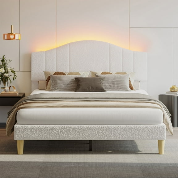 Pinmoco Full Upholstered Bed Frame with Adjustable Arc-shaped Headboard, LED Platform Bed, White Teddy Velvet