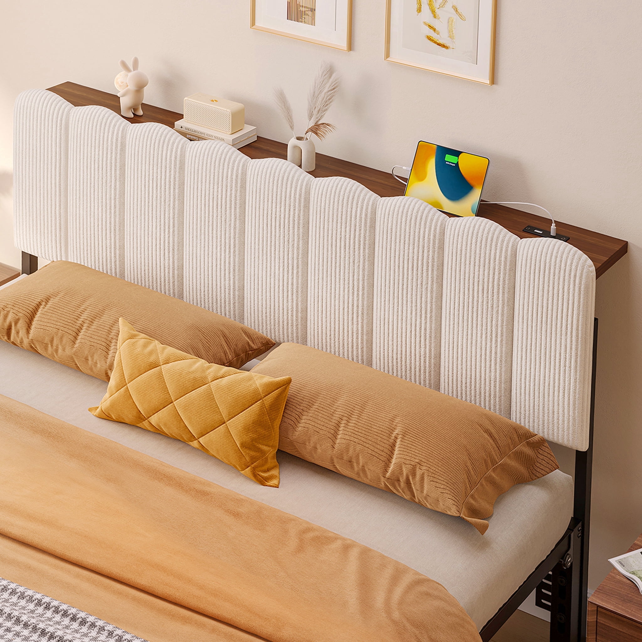 Pinmoco Upholstered Headboard with Storage, Charging Station and Aurora LED Lights, Full Size Headboard for Beige Striped Corduroy