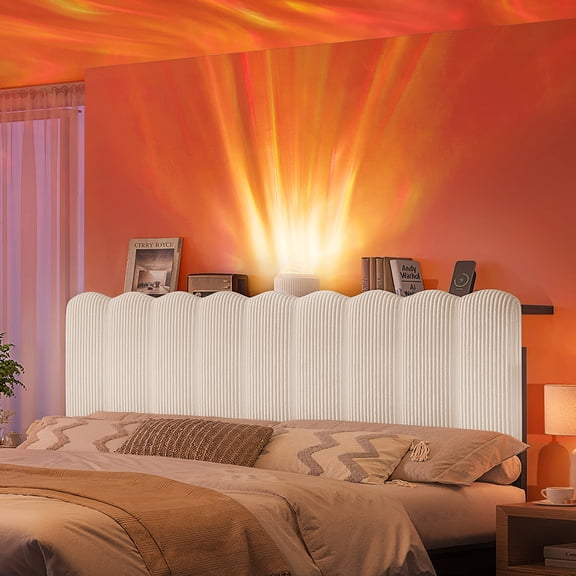 Pinmoco Upholstered Headboard with Storage, Charging Station and Aurora LED Lights, Queen Size Headboard for Beige Striped Corduroy(Bed Headboard Only)