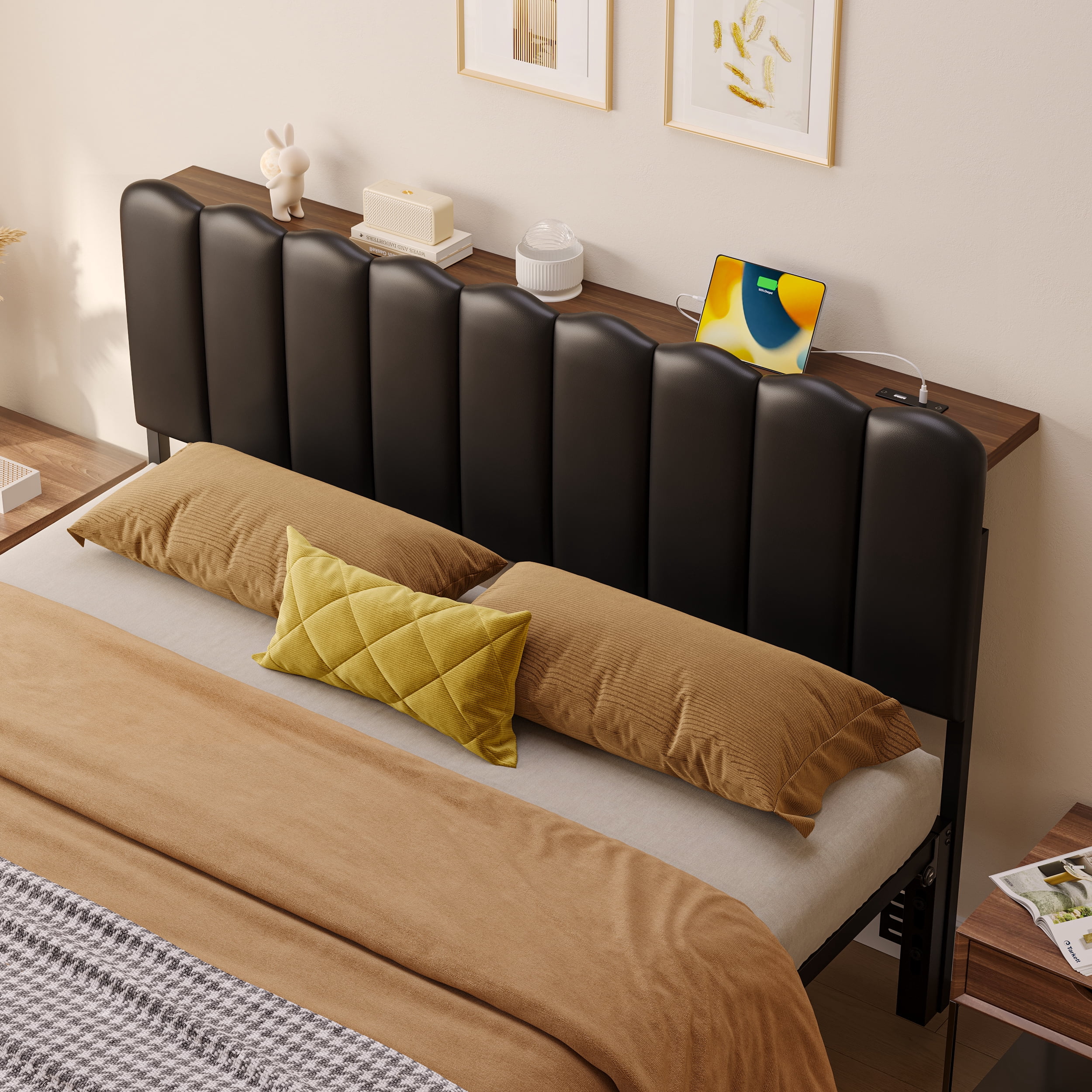 Pinmoco Upholstered Headboard with Storage Space and Charging Station for Full Size Bed, Galaxy Aurora Star Projector, Black PU Leather, Easy Assembly