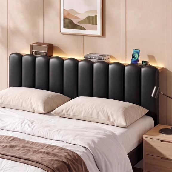 Pinmoco Queen Upholstered Headboard with Storage, LED Lights and Charging Station, Black PU Upholstery, Height Adjustable, Easy Assembly (Bed Headboard Only)