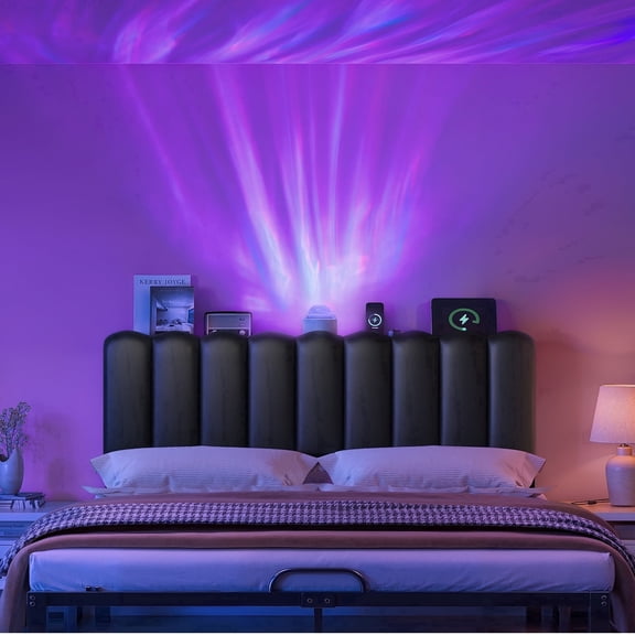Pinmoco Aurora LED Lights Upholstered Headboard with Storage and Charging Station, Black PU Upholstery Headboard for Queen Size