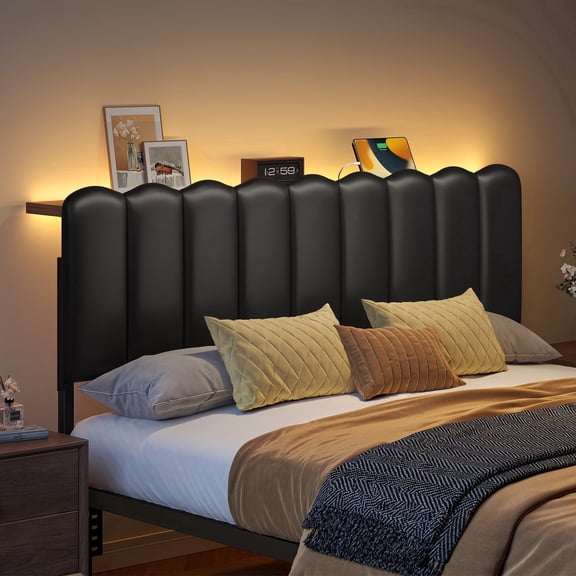 Pinmoco Queen Upholstered Headboard with Storage, LED Lights and Charging Station, Black PU Upholstery, Height Adjustable, Easy Assembly(Bed Headboard Only)