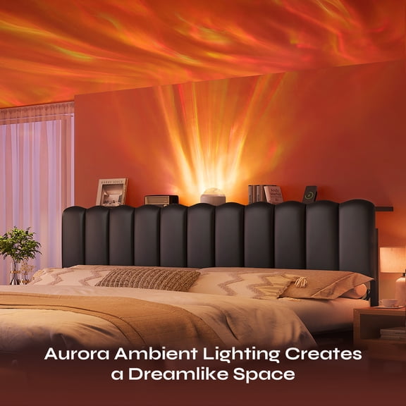 Pinmoco Upholstered Headboard for King Size Bed with Galaxy Aurora Projector, Storage Space and Charging Station, Black PU Leather(Bed Headboard Only)