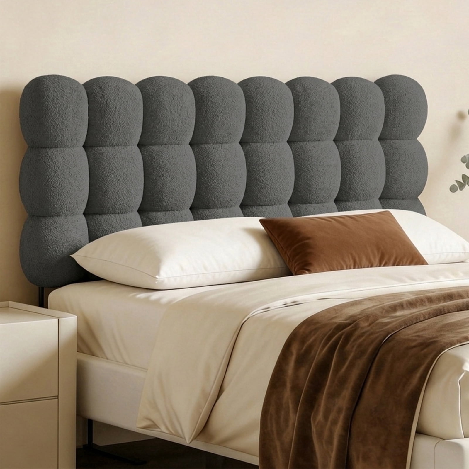 Pinmoco Full Size Upholstered Headboard with Adjustable Height, Memory Foam Cloud-Shaped Ergonomic Design, Teddy Fleece Gray