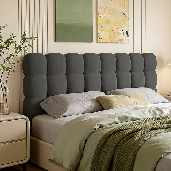 Pinmoco Full Size Upholstered Headboard with Adjustable Height, Memory Foam Cloud-Shaped Ergonomic Design, Teddy Fleece Gray