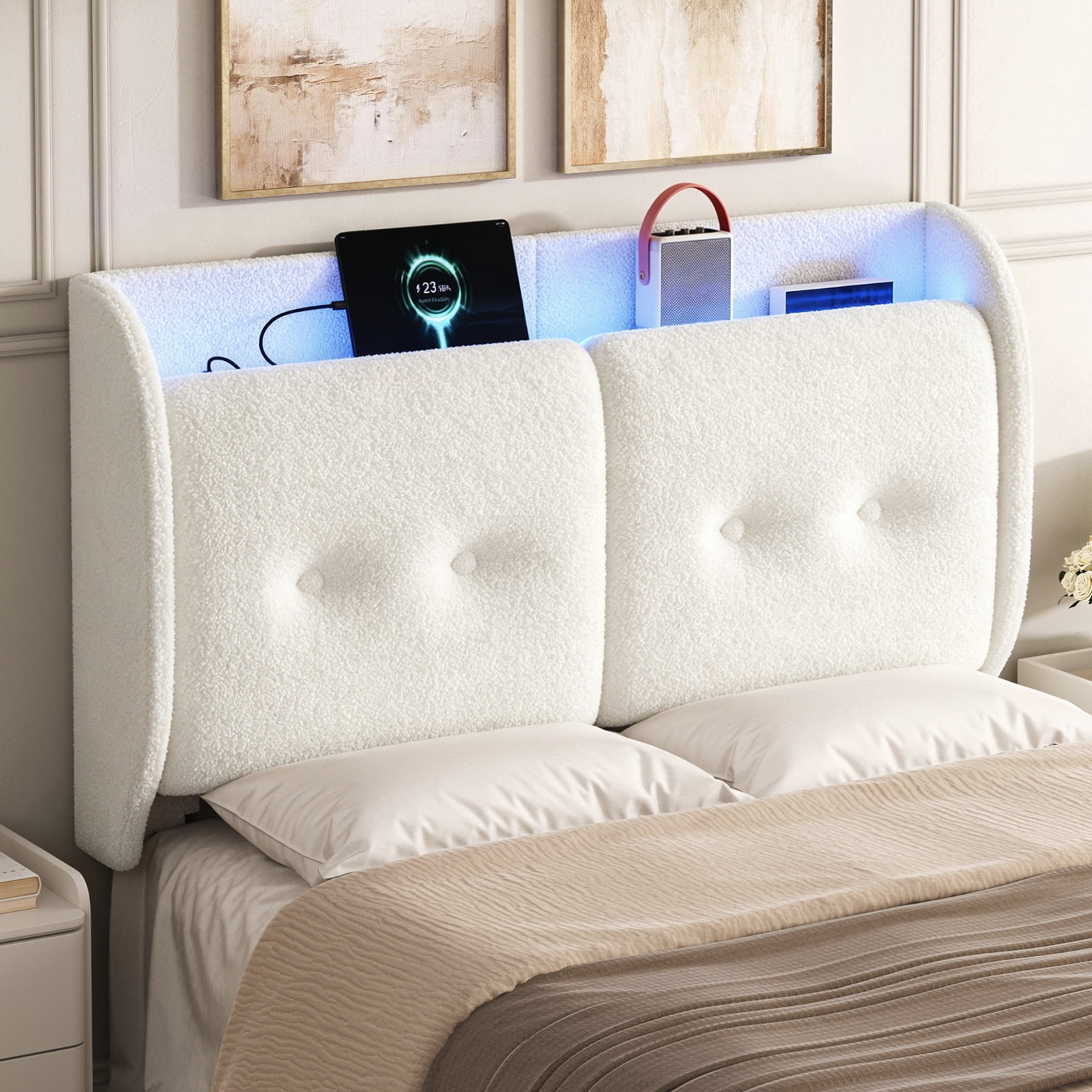 Pinmoco Full Upholstered Headboard with Storage & Charging Station, LED Wingback Adjustable Headboard, Teddy Fabric Headboard Only, White