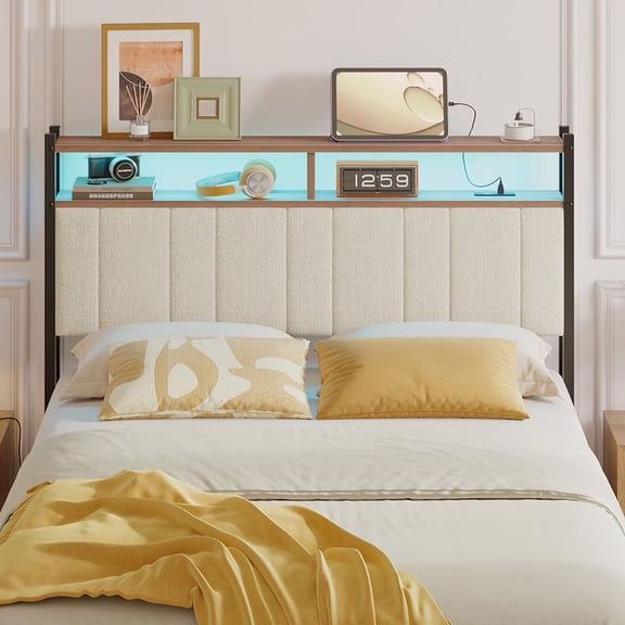 Pinmoco Headboard for Full Size Bed with Storage, Linen Upholstered Headboard with LED & USB Charging, Beige, Headboard Only(Bed Frame Not Included)