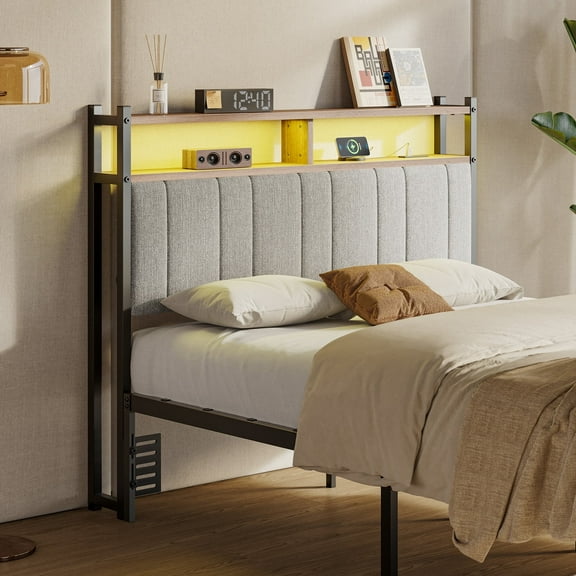 Pinmoco Headboard for Full Size Bed with Storage, Linen Upholstered Head Board with LED Light and Charging Station, Gray, Headboard Only(Bed Frame Not Included)