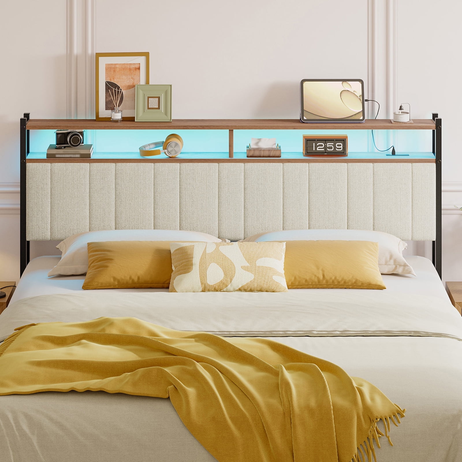 Pinmoco Headboard for King Size Bed with Storage, Linen Upholstered Head Board with LED Light and Charging Station, Beige (Headboard Only)