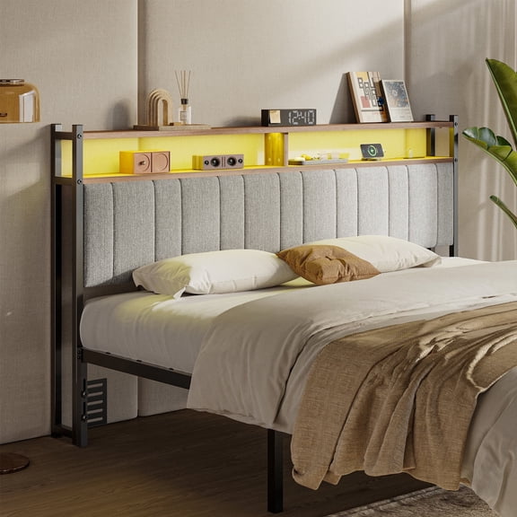 Pinmoco Headboard for King Size Bed with Storage, Linen Upholstered Head Board with LED Light and Charging Station, Gray, Headboard Only