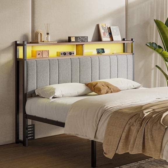 Pinmoco Headboard for Queen Size Bed with Storage, Linen Upholstered Head Board with LED Light and Charging Station, Gray, Headboard Only(Bed Frame Not Included)