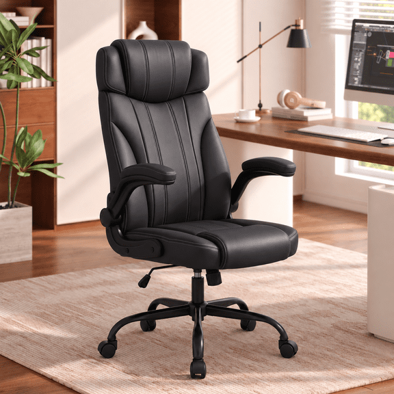Pinmoco High Back Executive Office Chair, Ergonomic PU Leather Desk Chair with Flip-Up Arms, Adjustable Height, 360 Swivel, Tilt Function, Black