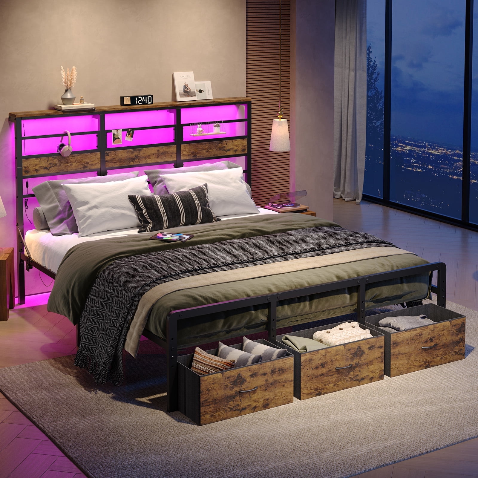 Pinmoco LED King Bed Frame with 49.2" High Storage Headboard and 3 Drawers, Adjustable Base Height Metal Platform Bed with Charging Station, Rustic