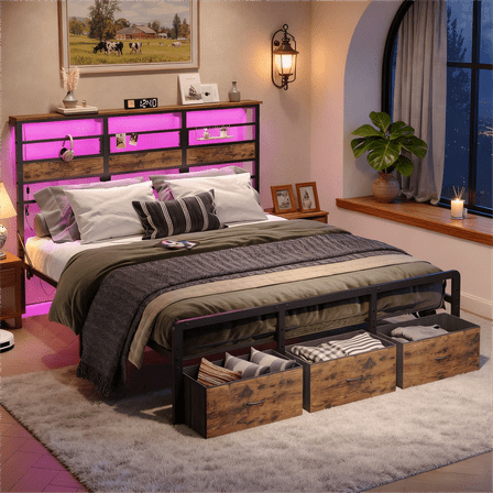 Pinmoco LED King Bed Frame with 49.2" High Storage Headboard and 3 Drawers, Adjustable Base Height Metal Platform Bed with Charging Station, Rustic