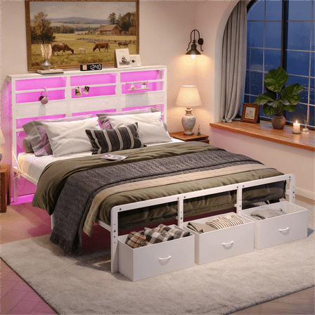 Pinmoco LED King Bed Frame with 49.2" High Storage Headboard and 3 Drawers, Adjustable Base Height Metal Platform Bed with Charging Station, White