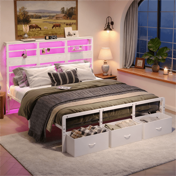 Pinmoco LED King Bed Frame with 49.2" High Storage Headboard and 3 Drawers, Adjustable Base Height Metal Platform Bed with Charging Station, White