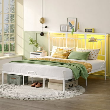 Pinmoco King Size Bed Frame with 49.2" High LED Storage Headboard Shelf, Metal Platform Bed with Charging Station, White