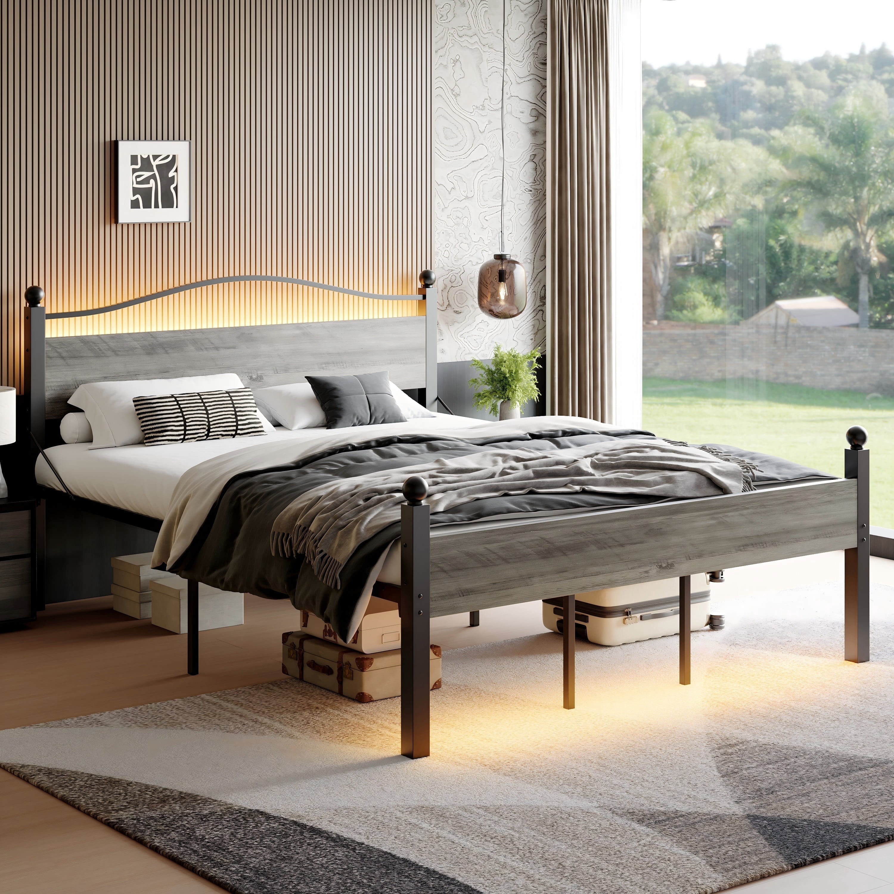 Pinmoco King Bed Frame with 16.5" Large Under Bed Storage, Dual LED Lights Platform Bed Frame with Charging Station, Gray