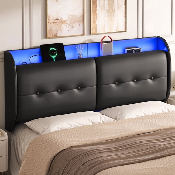 Pinmoco King Upholstered Headboard with Storage & Charging Station, LED Wingback Adjustable Headboard, PU Leather Headboard Only, Black