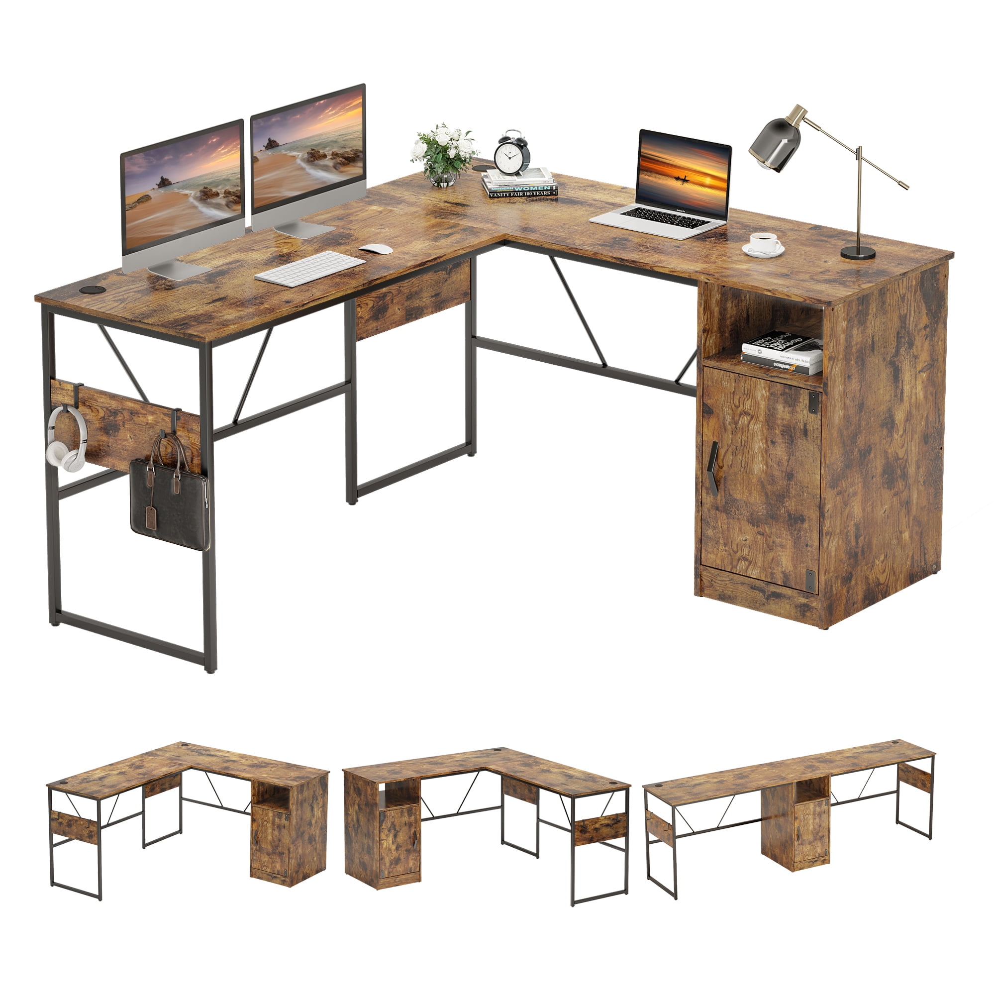 Pinmoco L Shaped Desk 95" Computer Corner Desk Long Table with Storage for Home Office, Rustic