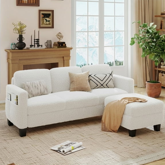 Pinmoco L-Shaped Sectional Sofa Couch for Living Room, 3 Seat Teddy Fabric Convertible Modular Sofa with Movable Storage Ottoman and Side Pockets for Apartment and Small Space, Off White