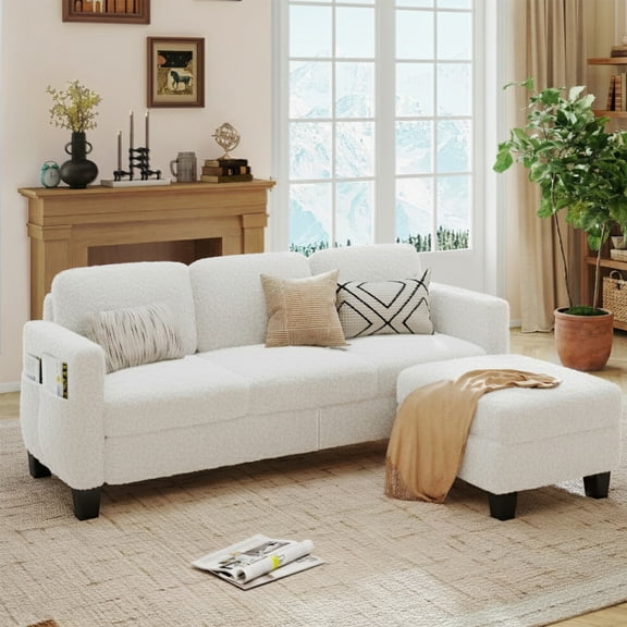 Pinmoco L-Shaped Sectional Sofa Couch for Living Room, 3 Seat Teddy Fabric Convertible Modular Sofa with Movable Storage Ottoman and Side Pockets for Apartment and Small Space, Off White