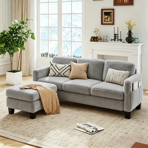 Pinmoco L-Shaped Sectional Sofa Couch for Living Room, 3 Seat Teddy Fabric Convertible Modular Sofa with Movable Storage Ottoman and Side Pockets for Apartment and Small Space, Gray