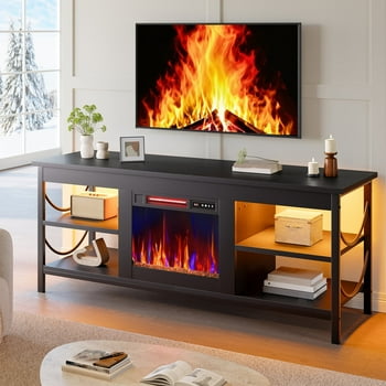 Pinmoco Electric Fireplace TV Stand for TVs up to 65", LED Entertainment Center with Open Storage Shelves for Living Room, Bedroom, Black