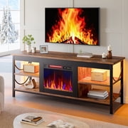 Pinmoco Electric Fireplace TV Stand for TVs up to 65", Gaming LED Entertainment Center with Open Storage Shelves for Living Room, Bedroom, Rustic