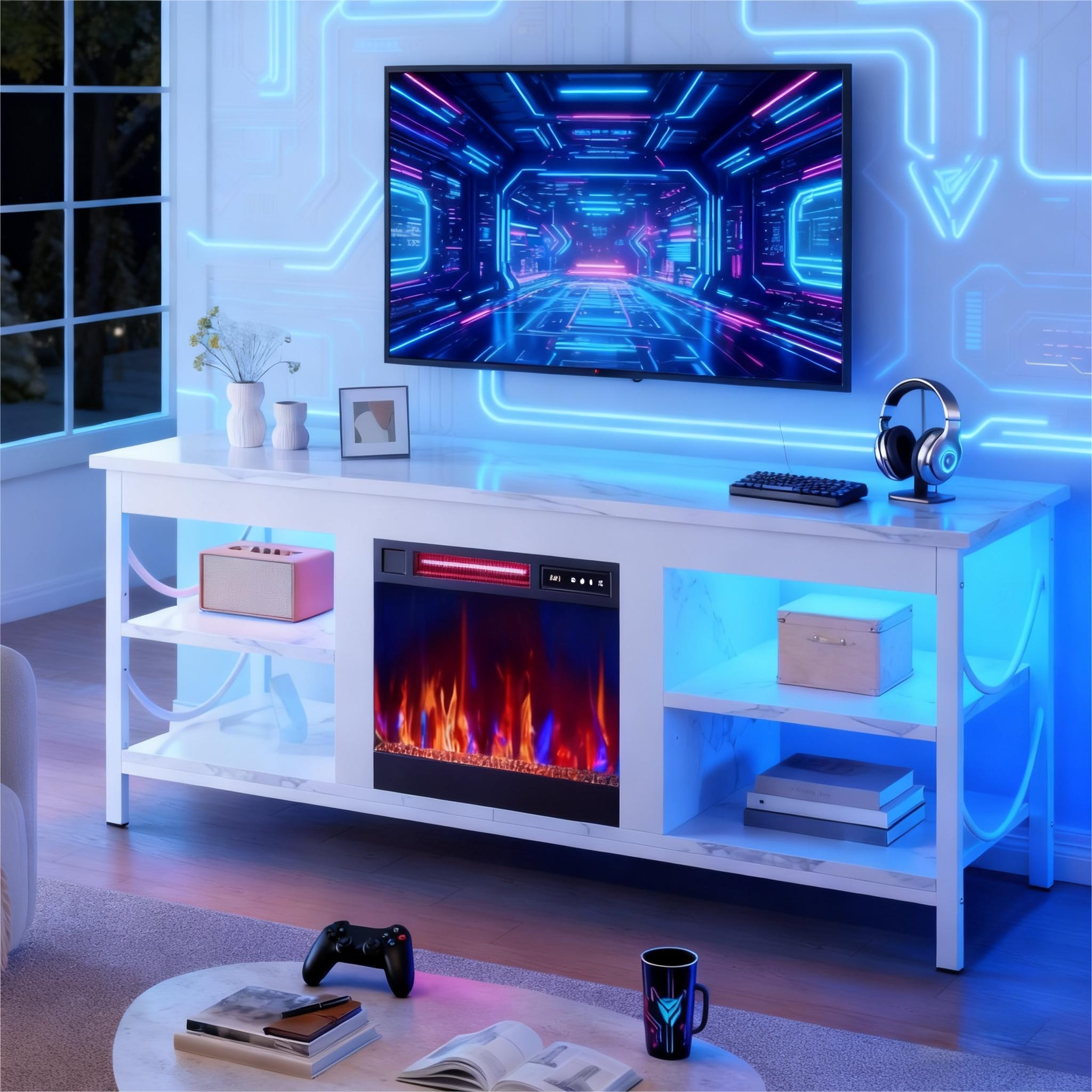 Pinmoco Electric Fireplace TV Stand for TVs up to 65", LED Entertainment Center with Adjustable Shelves, Media Console Table for Living Room, Bedroom, White Marble