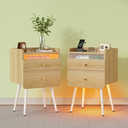 Pinmoco Set of 2 Tall Nightstand, 2 Drawers LED Bedside Tables with Charging Station and Top Fences, Natual Oak