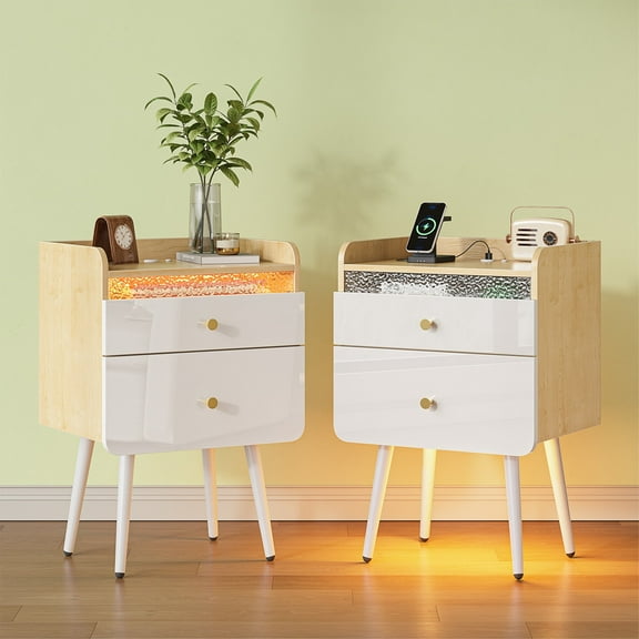 Pinmoco Set of 2 Tall Nightstand, 2 Drawers LED Bedside Tables with Charging Station and Top Fences, White & Oak