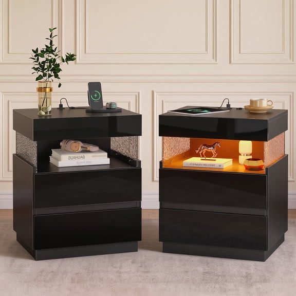 Pinmoco LED Nightstand set of 2 with Charging Station, Modern Bedside Table Night Stand with 2 Drawers, Glossy End Table for Bedroom Living Room, Black