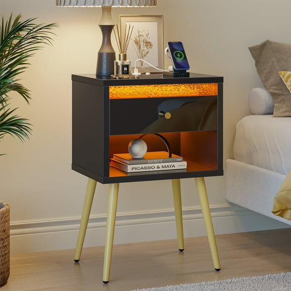 Pinmoco LED Nightstand with Charging Station, Modern End Side Table with Drawer and Open Storage for Bedroom, Black