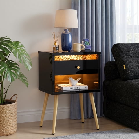 Pinmoco LED Nightstand with Charging Station, Modern End Side Table with Drawer and Open Storage for Bedroom, Black