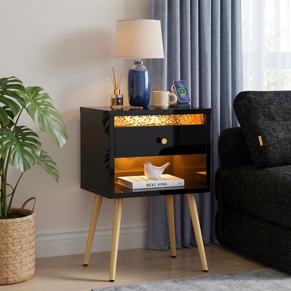 Pinmoco LED Nightstand with Charging Station, Modern End Side Table with Drawer and Open Storage for Bedroom, Black
