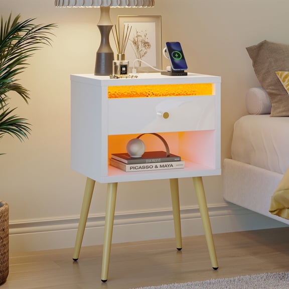 Pinmoco LED Nightstand with Charging Station, Modern End Side Table with Drawer and Open Storage for Bedroom, White