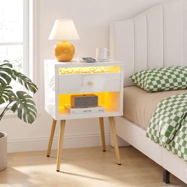Pinmoco LED Nightstand with Charging Station, Modern End Side Table with Drawer and Open Storage for Bedroom, White