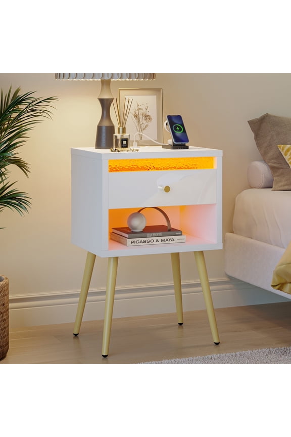 LED Nightstand with Charging Station, Modern End Side Table with Drawer and Open Storage for Bedroom, White