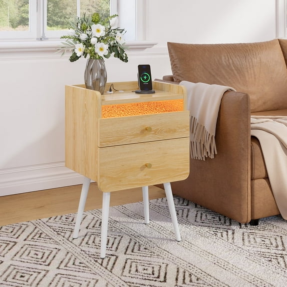 Pinmoco LED Nightstand with Two Drawers, End Table Bedside Table with Charging Station for Bedroom,Natual Oak