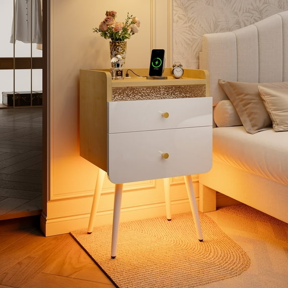 Pinmoco LED Nightstand with Two Drawers, End Table Bedside Table with Charging Station for Bedroom,White