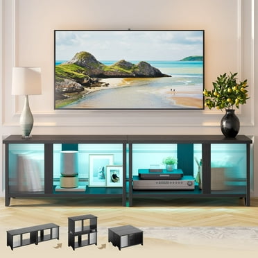 Pinmoco LED TV Stand for TVs up to 65'', Expandable Side by Side or Stacking TV Stand with Storage, Black
