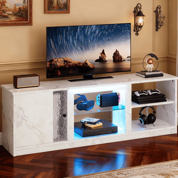 Pinmoco TV Stand for TVs up to 70", LED Entertainment Center with Bookshelves & Cabinet, White Marble