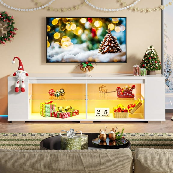 Pinmoco LED TV Stand for TVs up to 80", Gaming Entertainment Center with Side Bookshelf and 4 Open Shelves, White